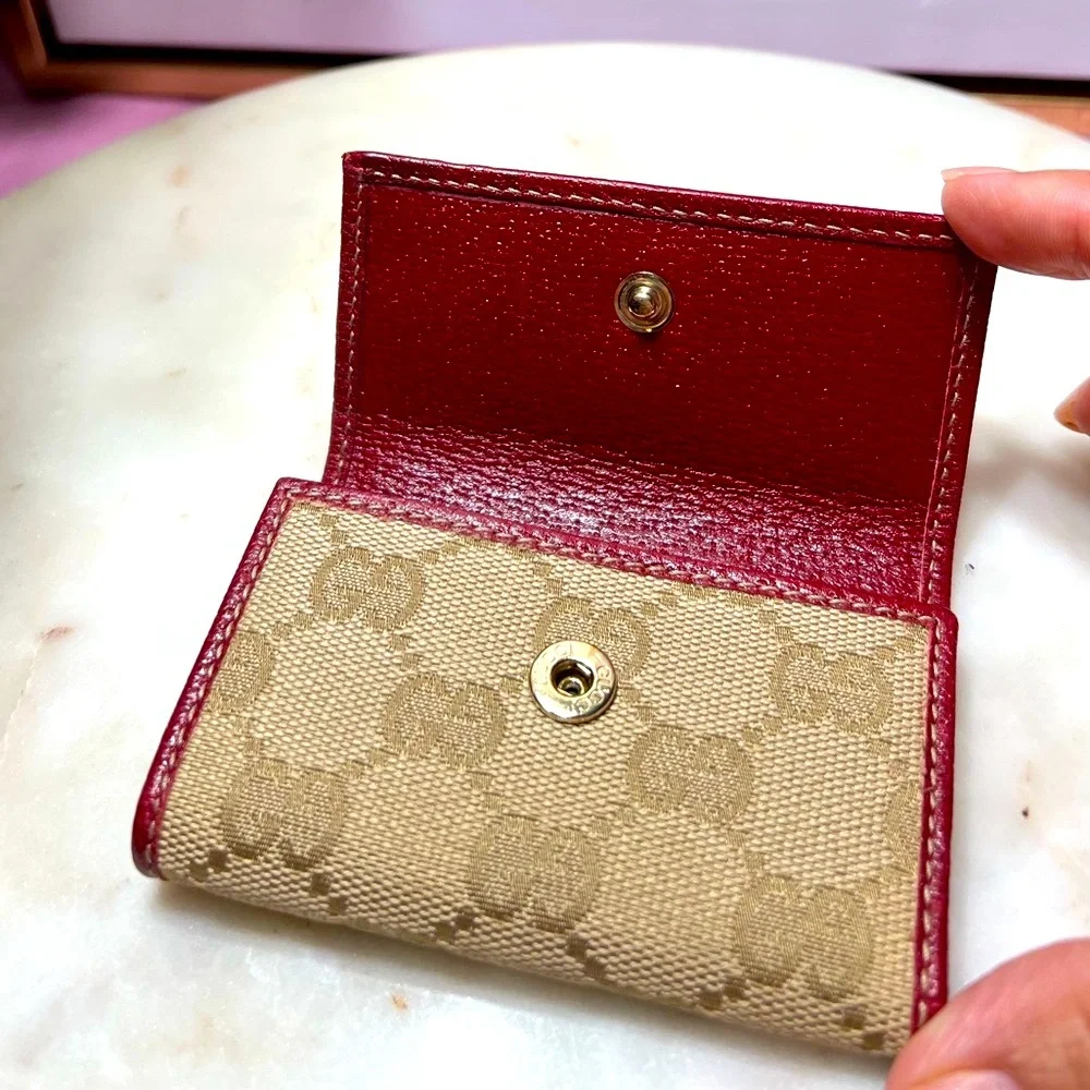 Gucci Key Case GG Canvas Beige Ribbon Red Leather Auth Elegant Beige and Red EUC - Picture 4 of 7